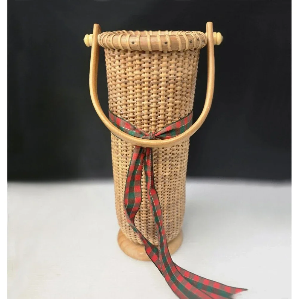 Vintage Nantucket Lightship Style Woven Wine Basket Carrier Cylinder Vase 11